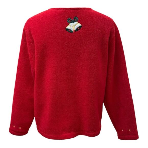 Red Fleece Christmas Cardigan Teddy Bear Tree Holiday Embroidered Sweater - Picture 6 of 11
